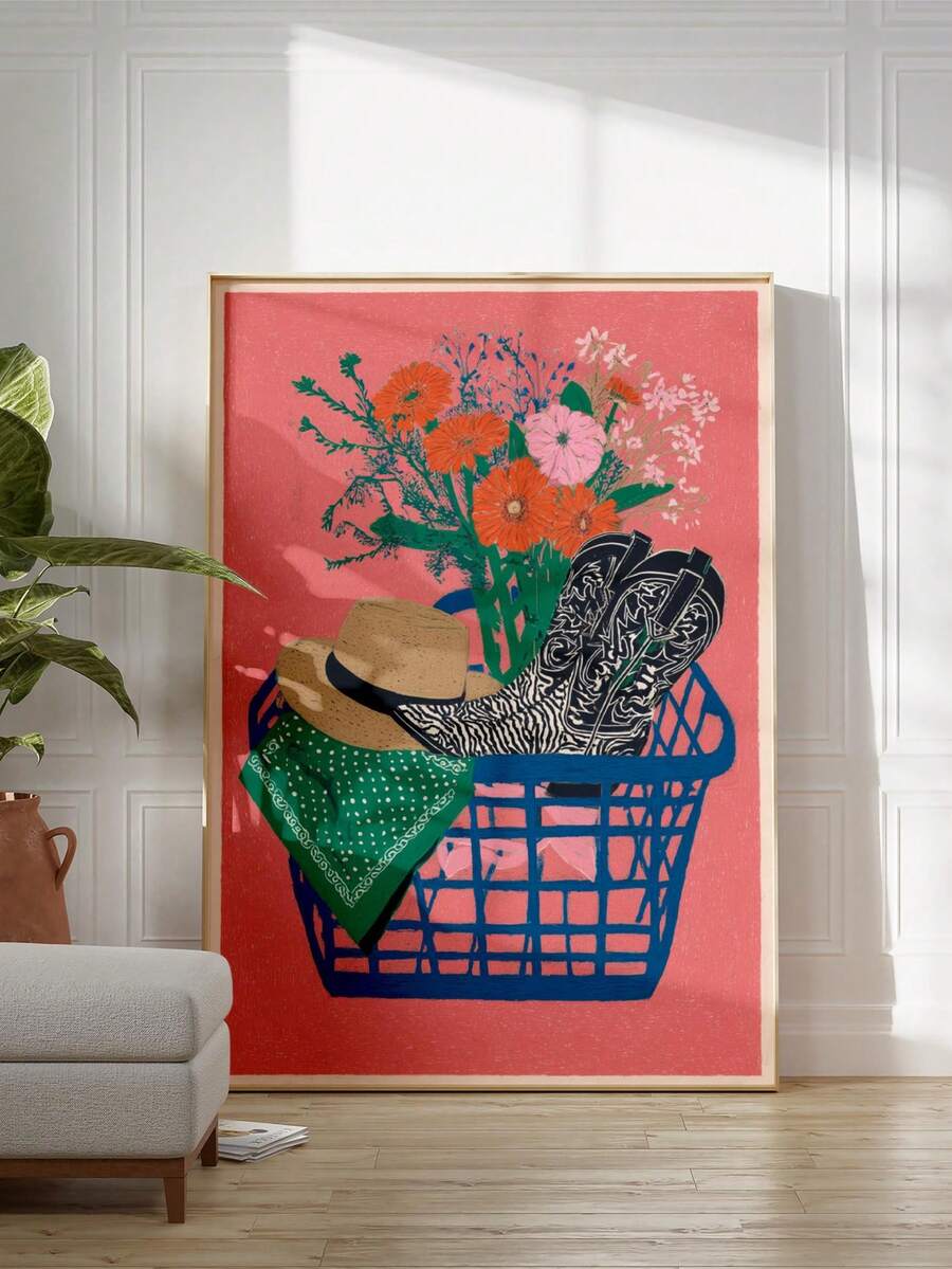 Pink western poster with cowboy boots straw hat green bandana and wildflowers in blue basket