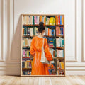Woman reading book wall art with orange dress and bookshelf background