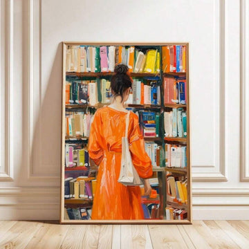 Woman reading book wall art with orange dress and bookshelf background