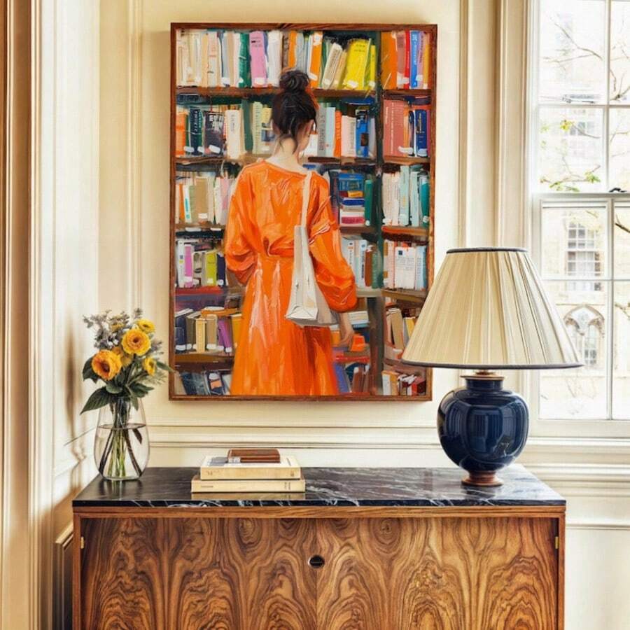 Book lover decor shown as framed minimalist woman canvas print