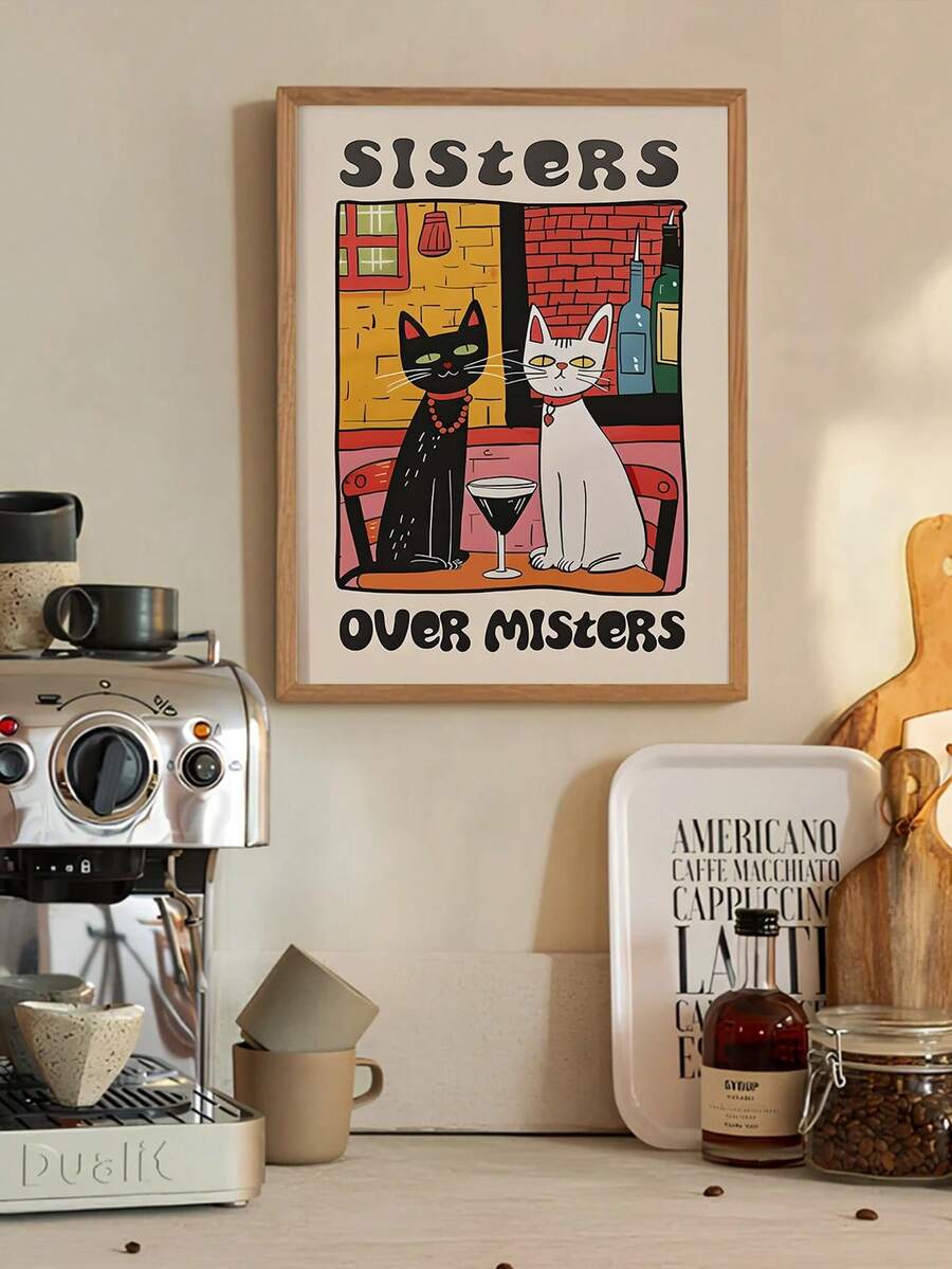 More Espresso Less Depresso poster shown in a wood frame with coffee décor