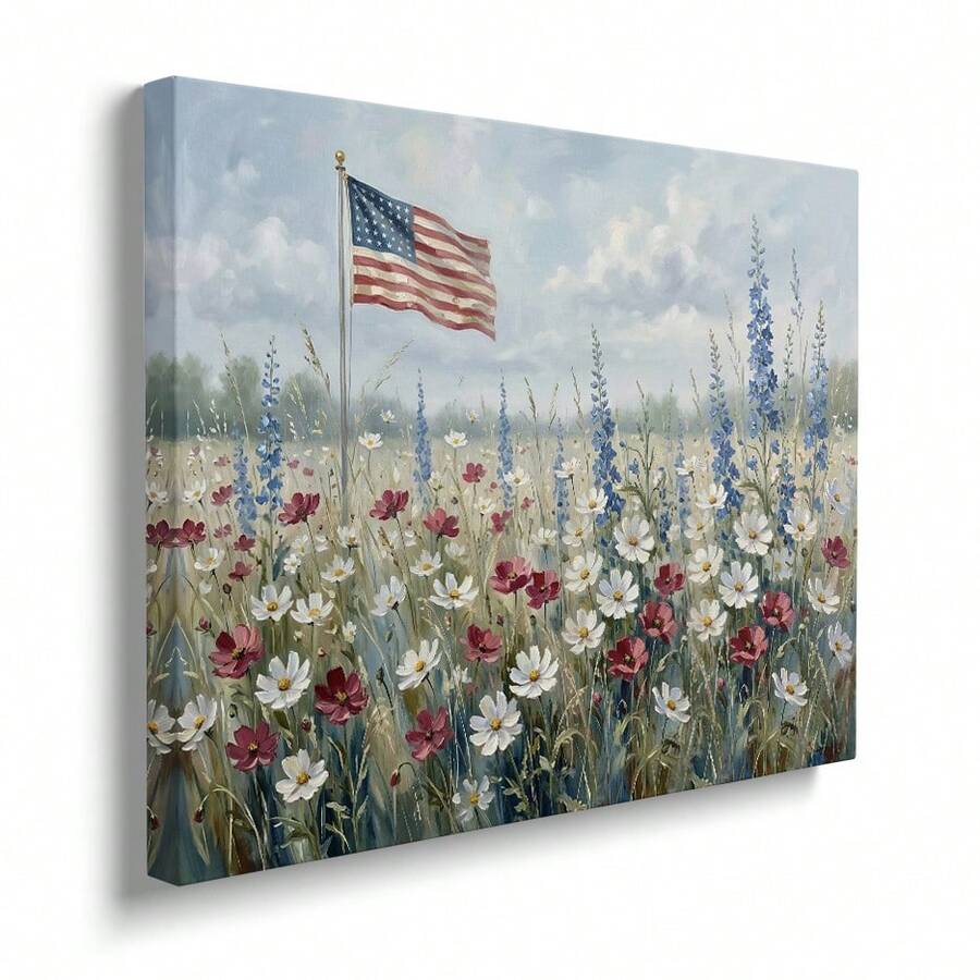 Front view of Poster USA 4th Of July Rustic Patriotic Floral, Wildflower American Flag Vintage Canvas Decoration
