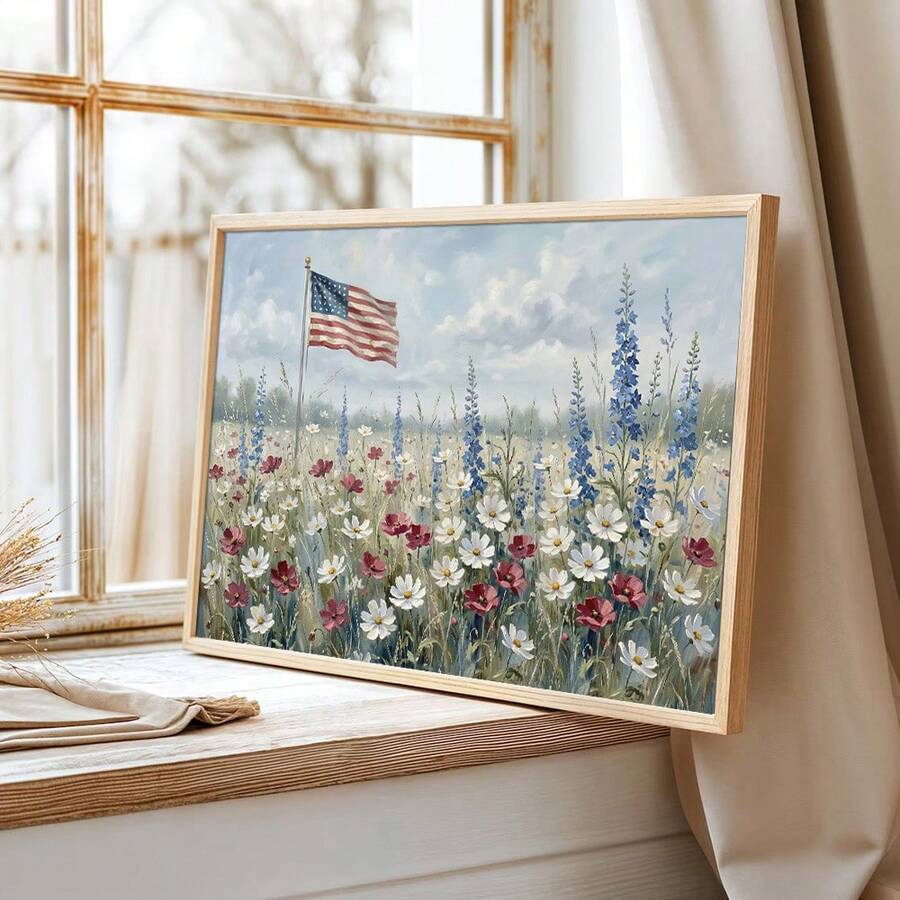 Front view of Poster USA 4th Of July Rustic Patriotic Floral, Wildflower American Flag Vintage Canvas Decoration