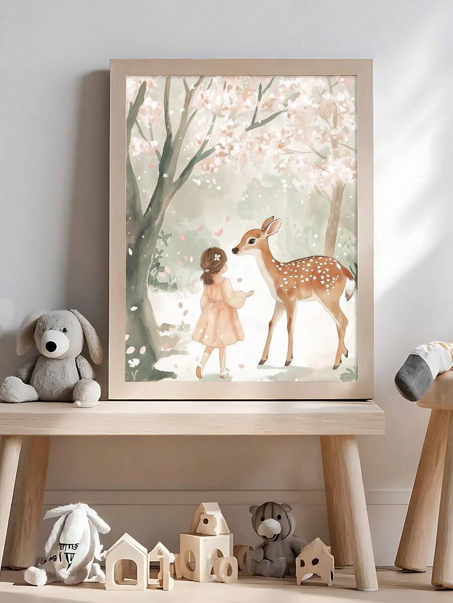 Little girl and fawn wall art in soft forest scene