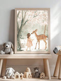 Woodland nursery art in light natural wood frame