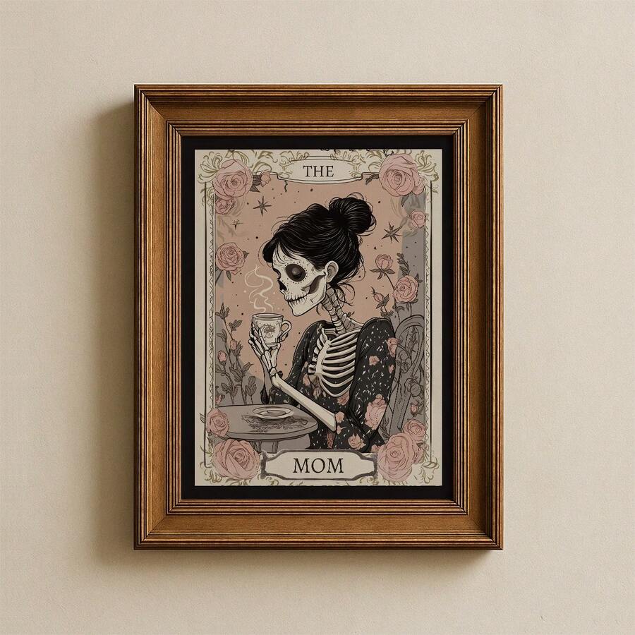 Skeleton mom coffee print displayed in warm framed room mockup