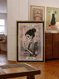 Gothic coffee mom tarot card poster with skeleton woman and floral border