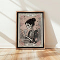 Vintage tarot-style skeleton mom holding coffee wall art print with pink roses