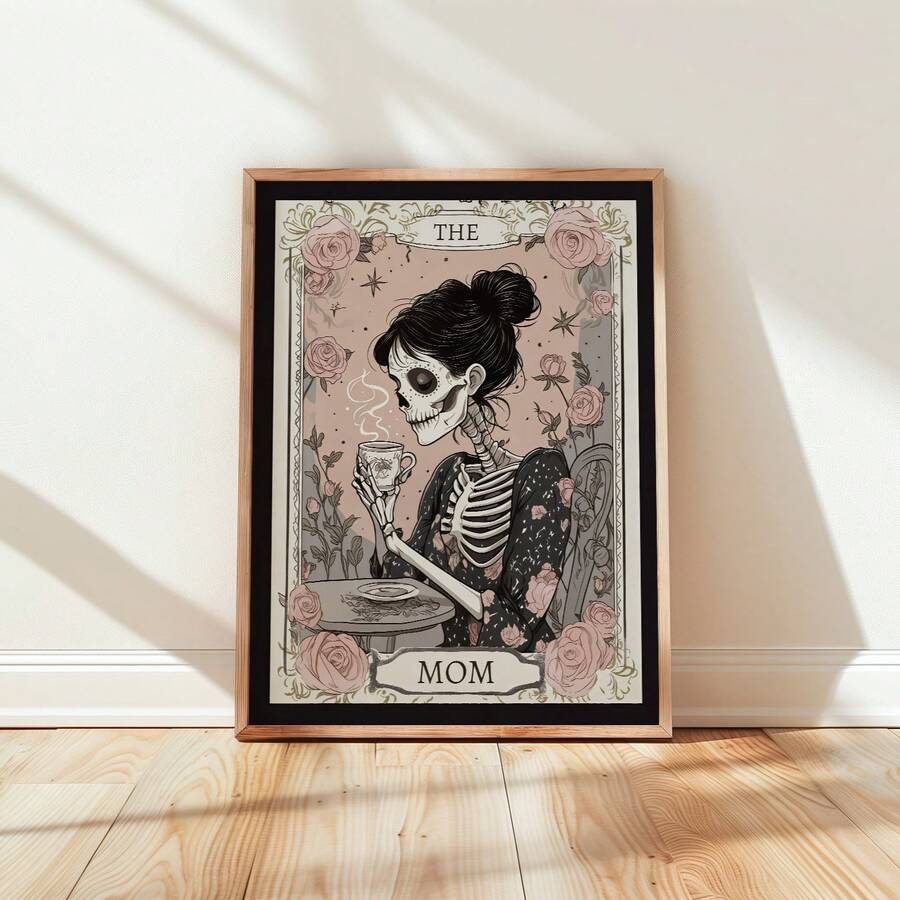 Vintage tarot-style skeleton mom holding coffee wall art print with pink roses