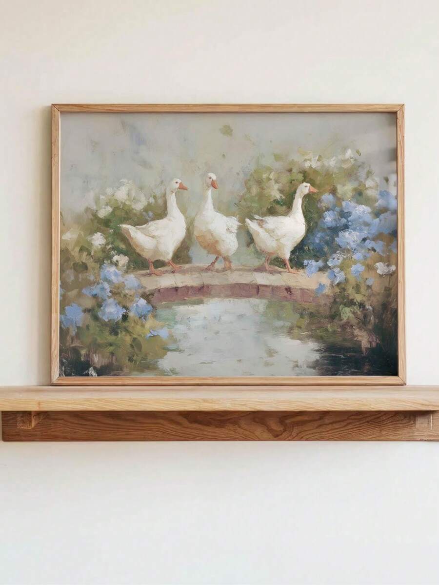 Vintage style oil painting poster of three white geese crossing arched bridge over pond with blue flowers
