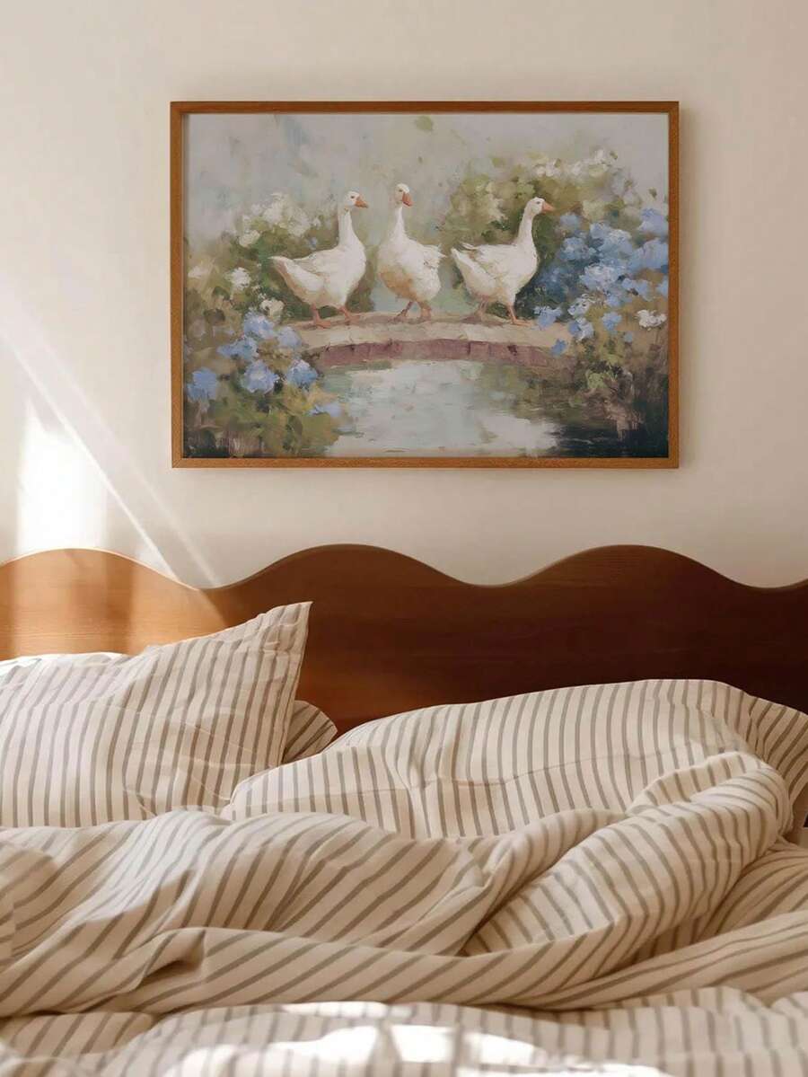 Vintage style oil painting poster of three white geese crossing arched bridge over pond with blue flowers