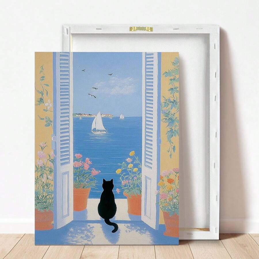 Framed Mediterranean-style black cat painting showing cat facing open blue shutters ocean sailboats birds and potted flowers