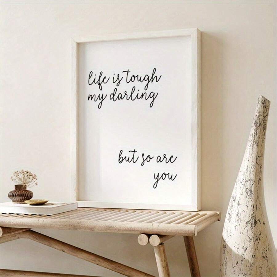 Minimalist handwritten quote poster styled on a rustic slatted bench