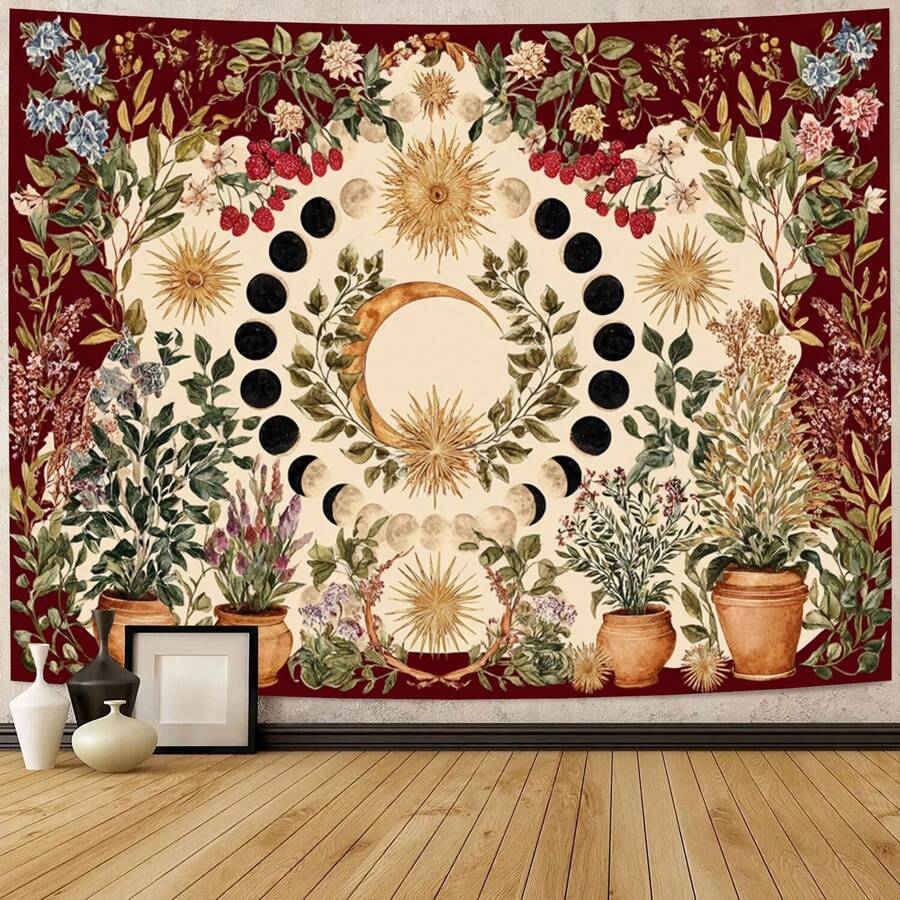 Vintage botanical moon phase tapestry with gold sun crescent moon plants and burgundy border