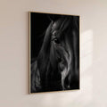Framed black horse portrait styled in a modern interior