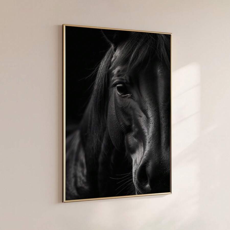 Framed black horse portrait styled in a modern interior
