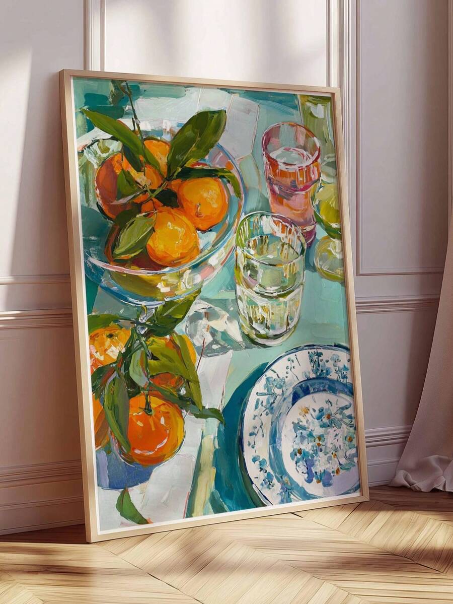 Mediterranean orange still life wall art shown in bright kitchen style