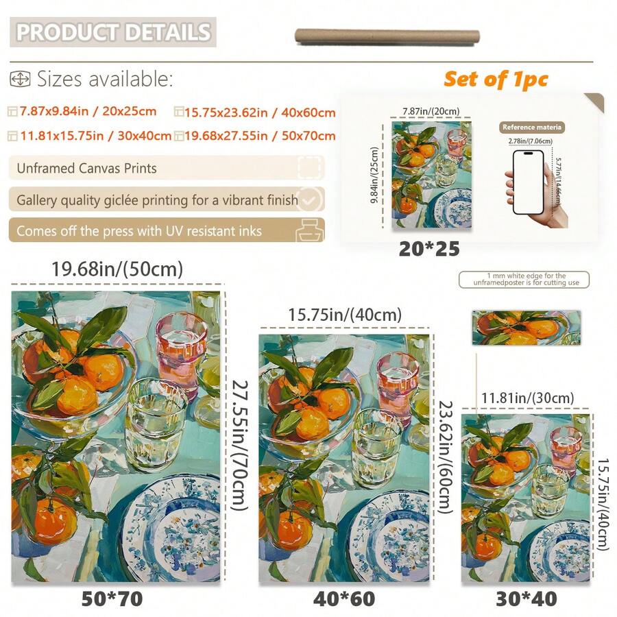 Canvas material and frame-style display for citrus kitchen poster