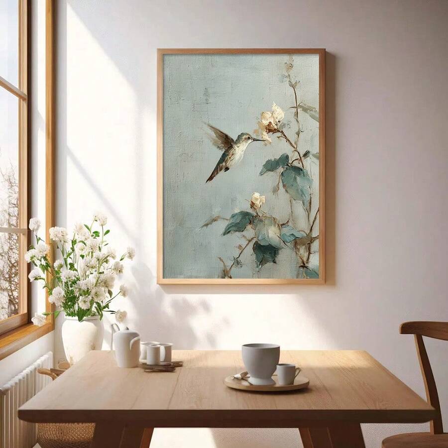 Vintage hummingbird botanical wall art with white flowers and pale blue background