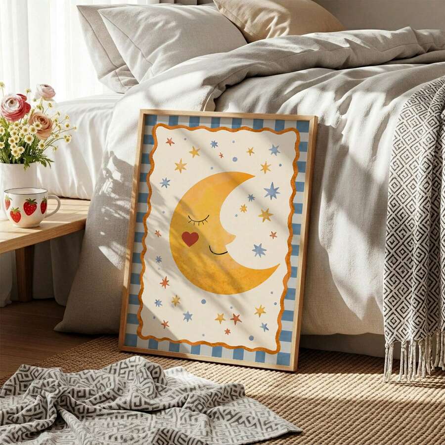 1-2pcs Danish Pastel Smiling Sun & Sleeping Moon Canvas Poster Set