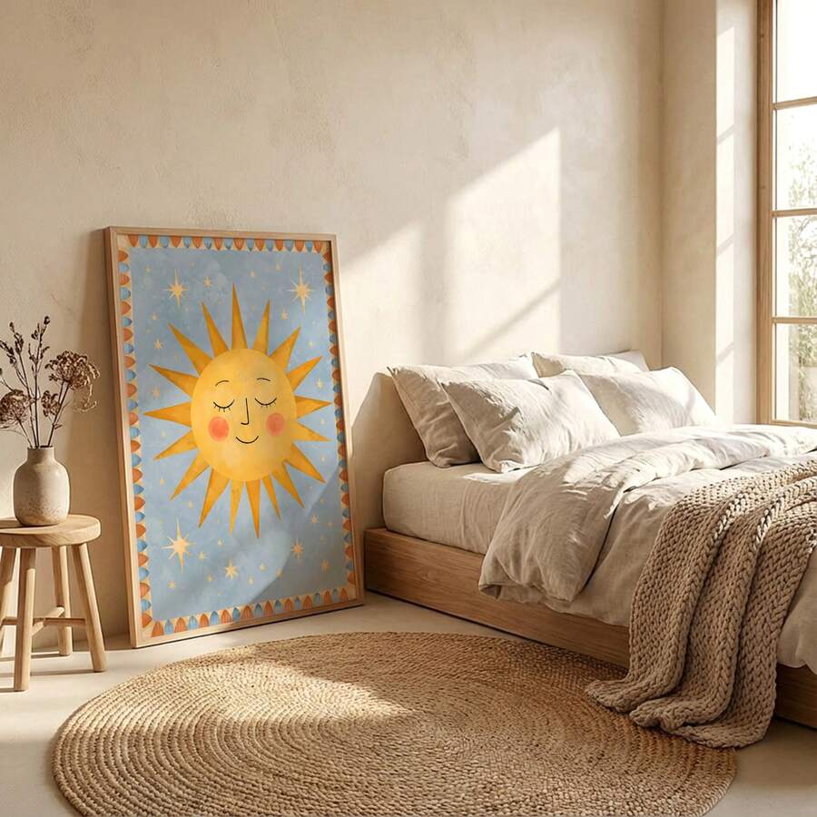 1-2pcs Danish Pastel Smiling Sun & Sleeping Moon Canvas Poster Set