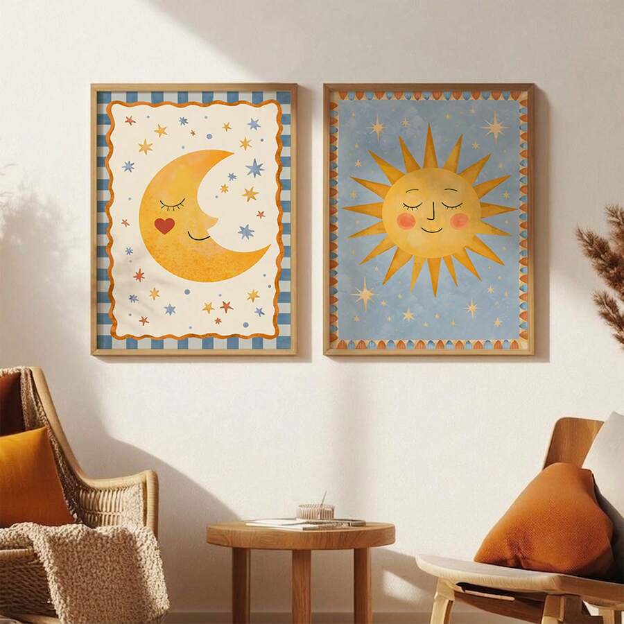 1-2pcs Danish Pastel Smiling Sun & Sleeping Moon Canvas Poster Set