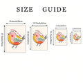 Funny bird canvas poster size guide showing four dimensions
