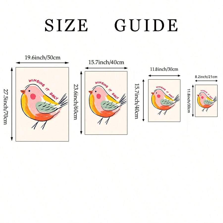 Funny bird canvas poster size guide showing four dimensions