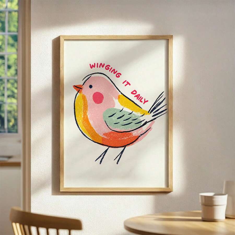 Pastel bird canvas poster framed in a dining area