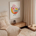 Colorful funny bird canvas poster framed in a living room