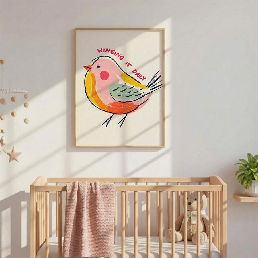 Pastel funny bird poster framed above a nursery crib