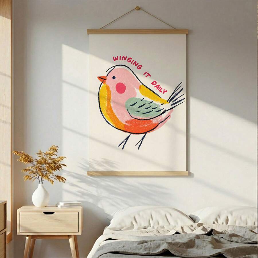 Funny bird wall scroll displayed above a bedroom bed