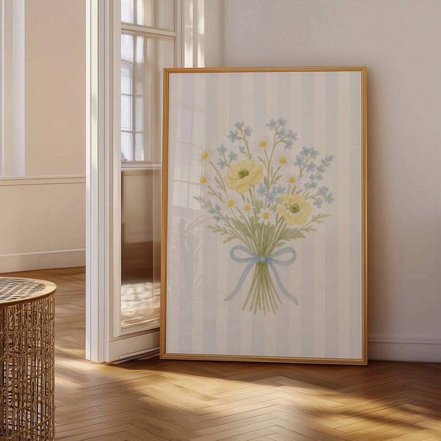 Yellow Buttercup & Blue Floral Striped Vintage Canvas Poster