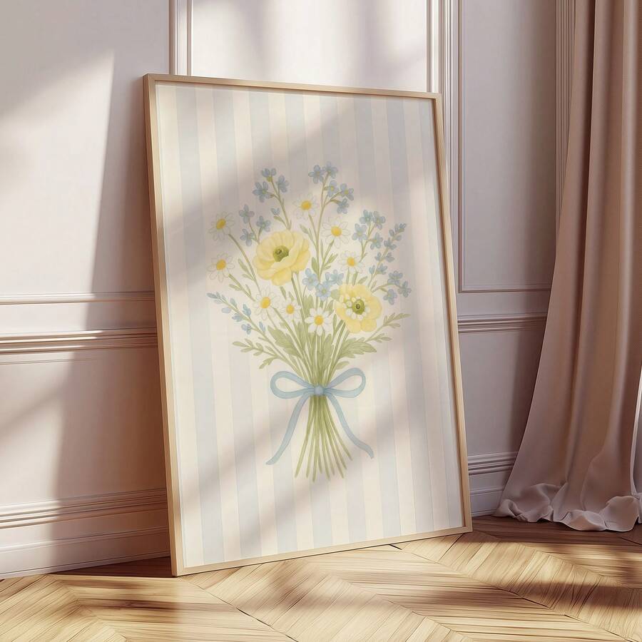 Yellow Buttercup & Blue Floral Striped Vintage Canvas Poster