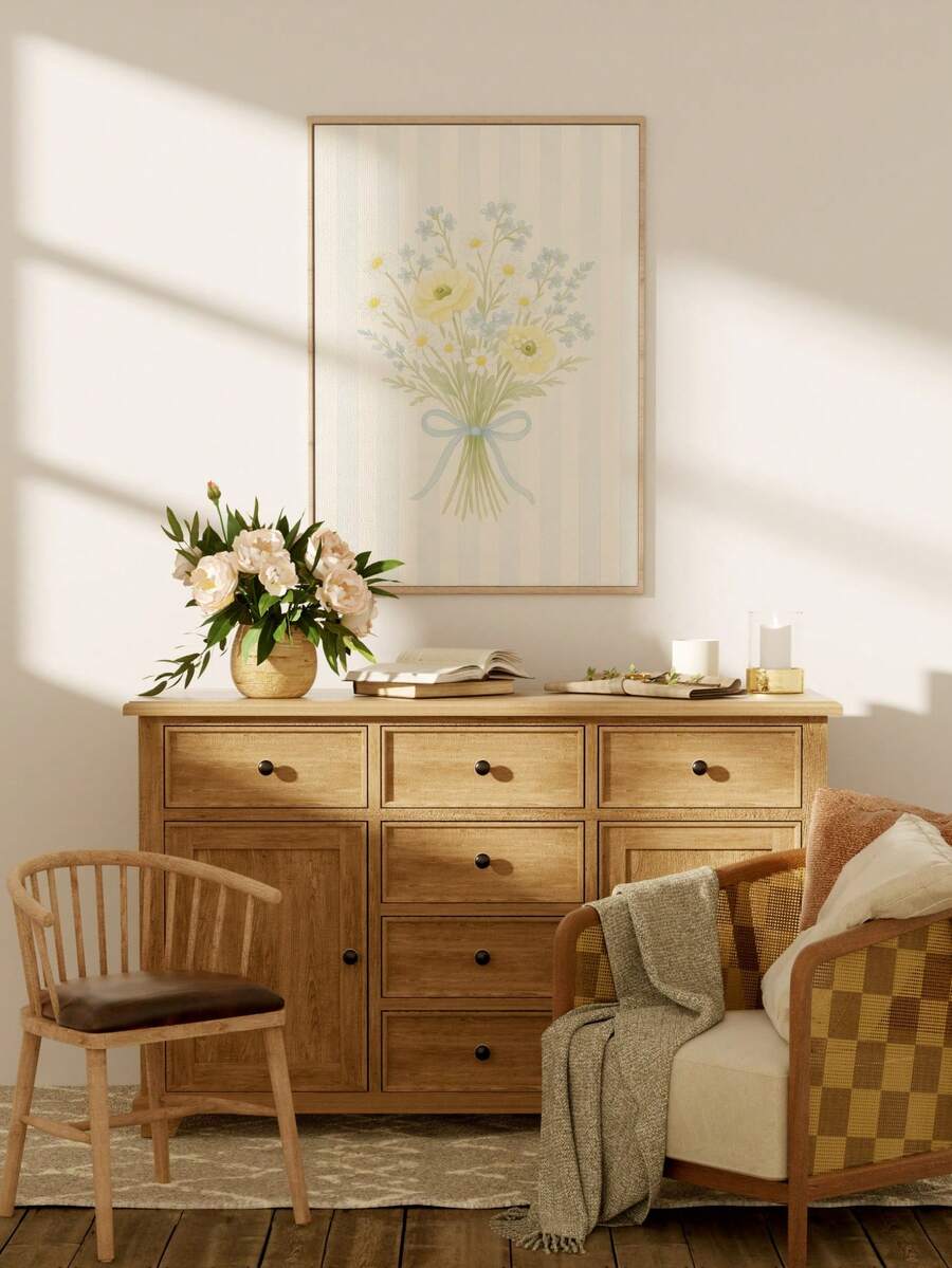 Yellow Buttercup & Blue Floral Striped Vintage Canvas Poster