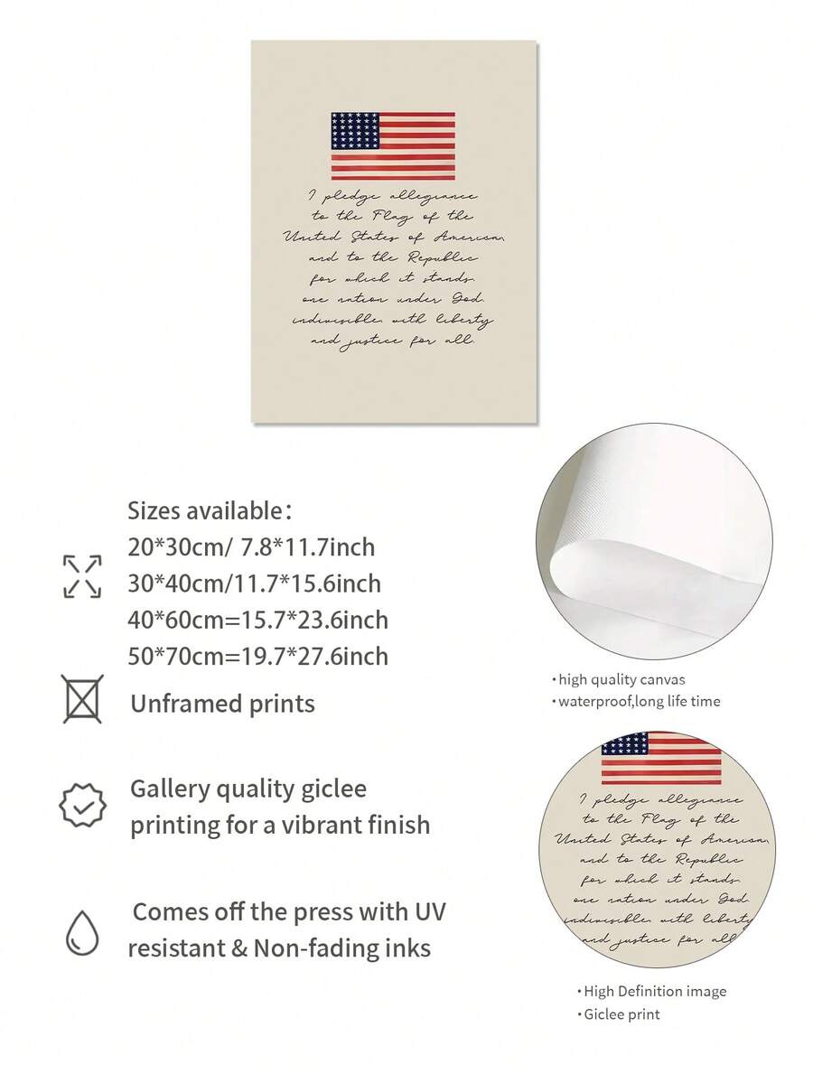 Product information image for unframed American flag canvas print with waterproof finish