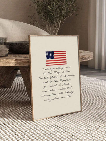 Pledge of Allegiance American flag canvas print in wood frame mockup for living room decor
