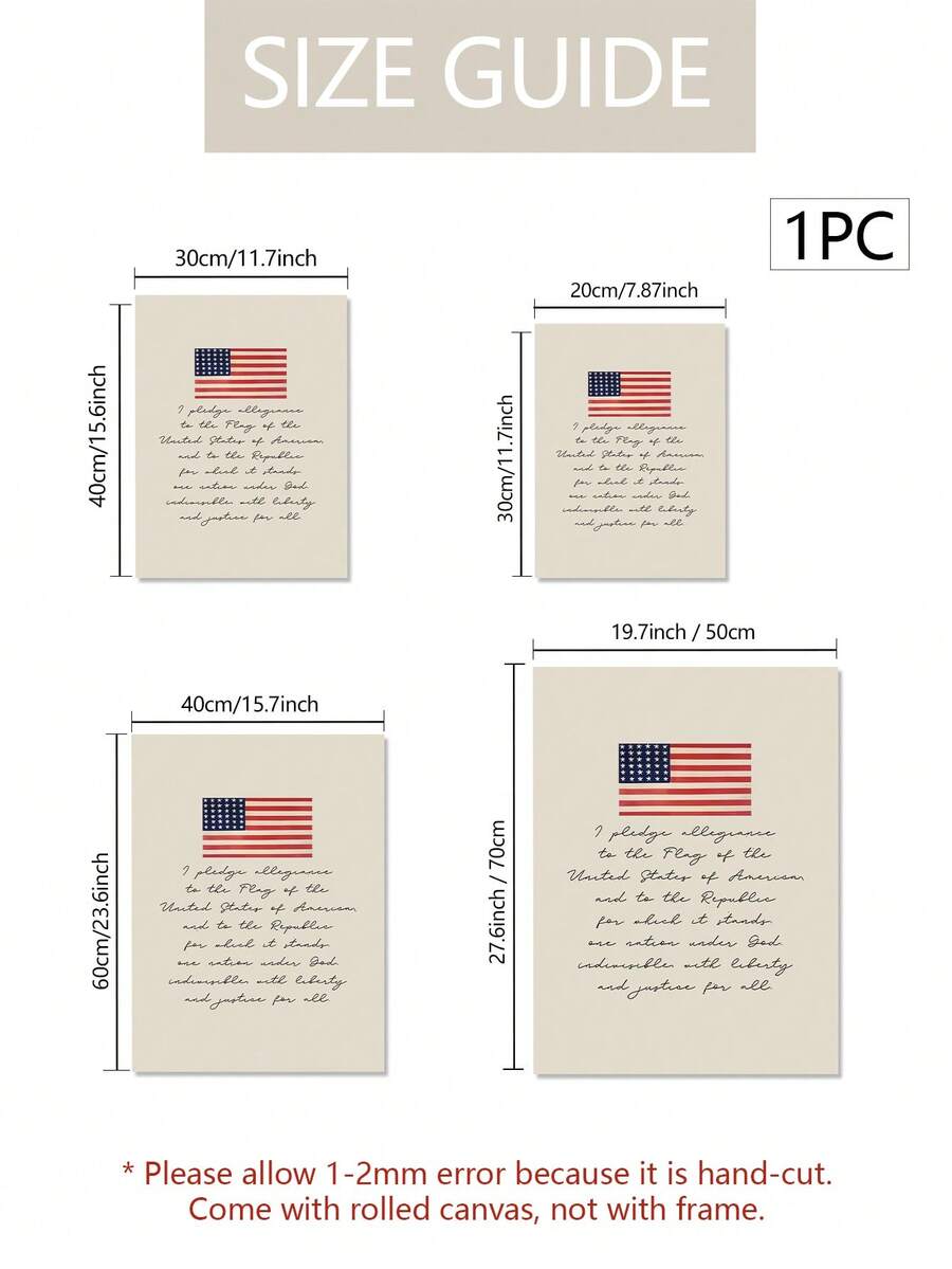 Size chart for Pledge of Allegiance unframed canvas wall art print options