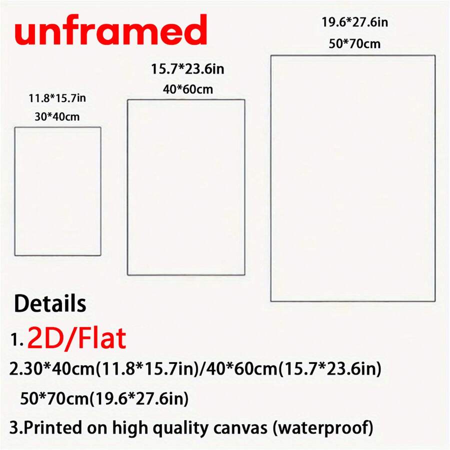 Unframed vertical canvas size guide in 30x40, 40x60, and 50x70 cm