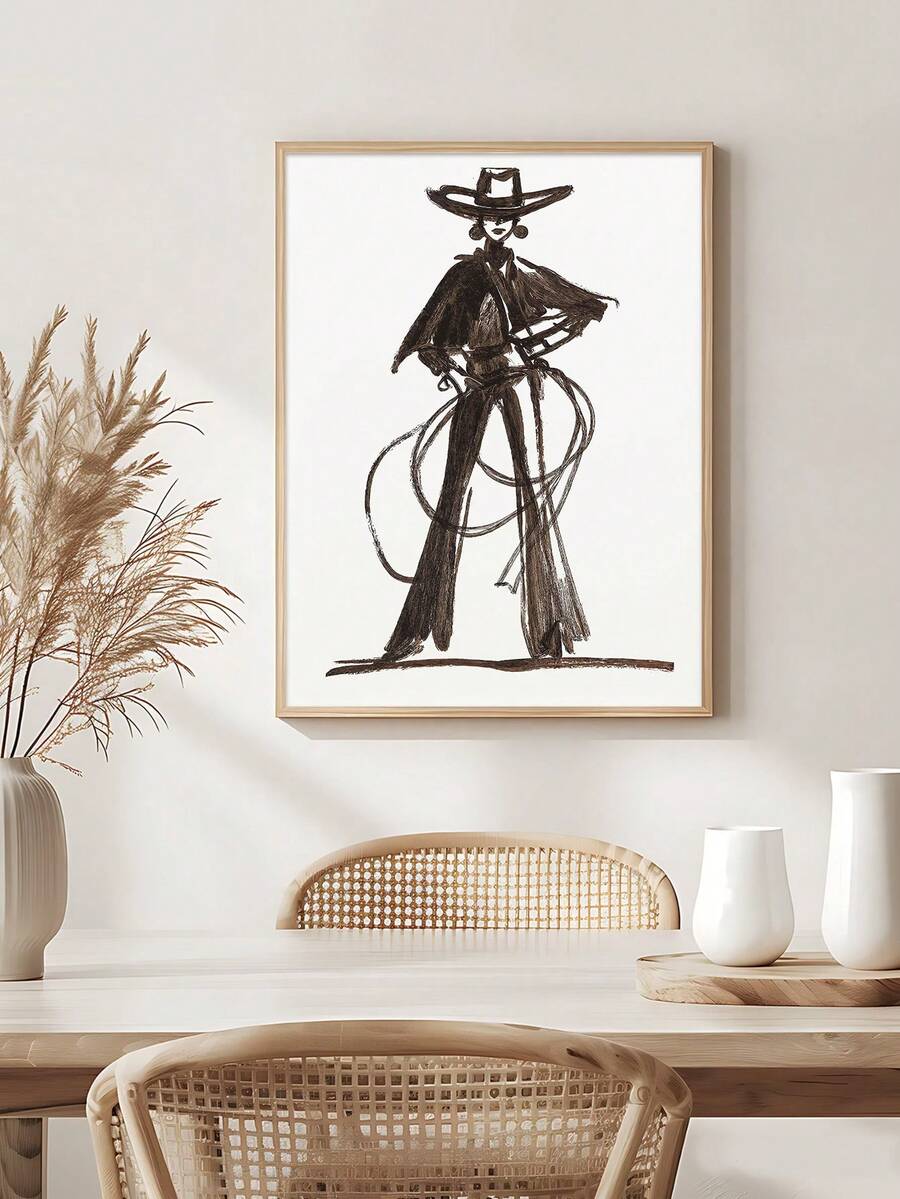 Elevate your space with this striking minimalist cowgirl line drawing poster. Featuring a vintage Western woman rendered in clean, elegant lines, this art print brings timeless charm to any room. Perfect for those who appreciate Western aesthetics and contemporary design. Available as both framed and unframed options on canvas, this piece adapts to your décor style. The waterproof material ensures durability, while the removable design lets you refresh your walls whenever inspiration strikes. Ideal for livi