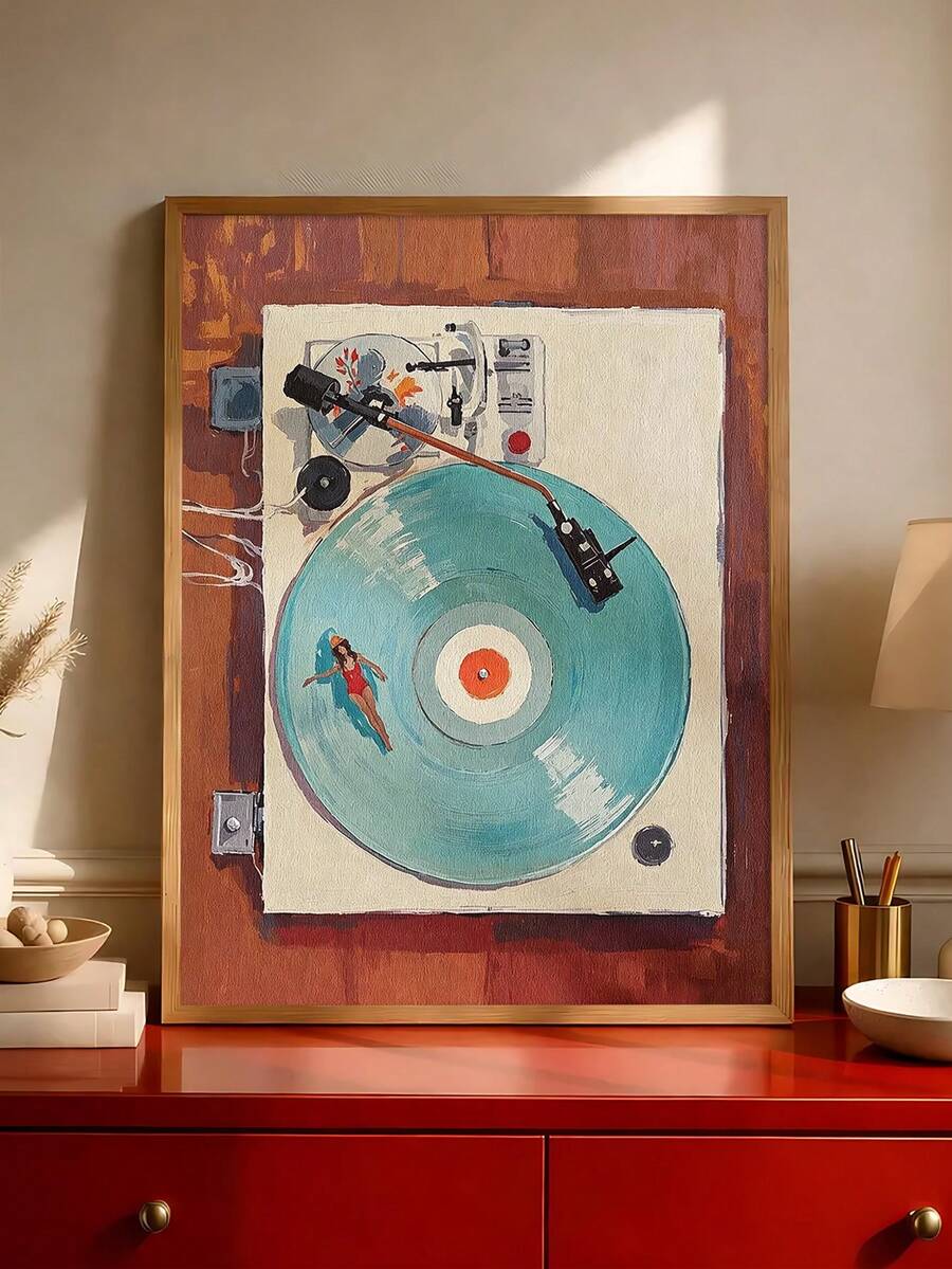 Framed vinyl record wall art with turntable scene in retro living room