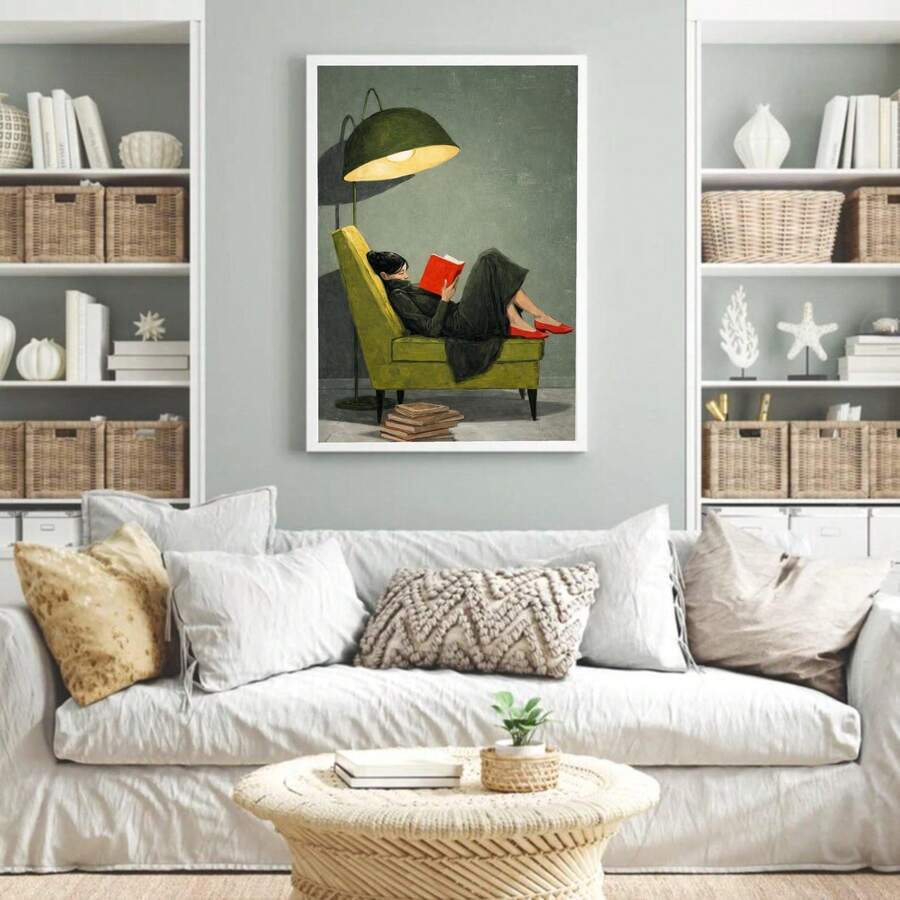 Modern woman reading on green chair canvas wall art in oil painting style