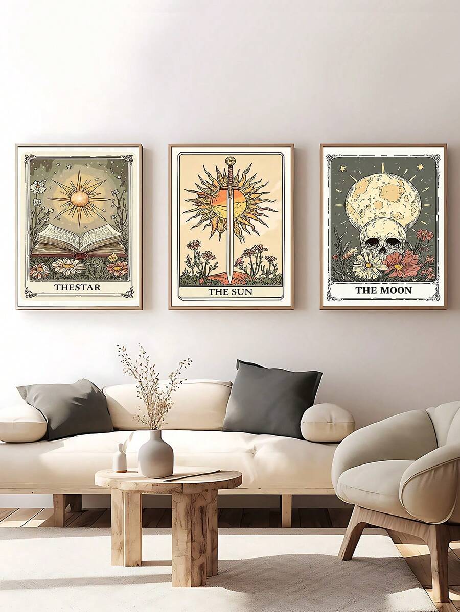 Sun sword and moon skull celestial canvas prints in a bedroom display