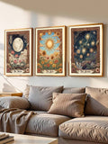 Vintage celestial botanical sun moon and skull canvas poster triptych in wood frames