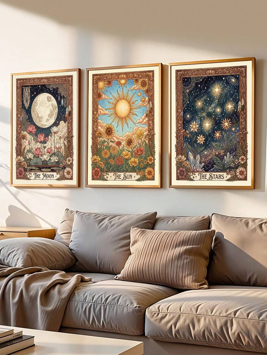 Vintage celestial botanical sun moon and skull canvas poster triptych in wood frames