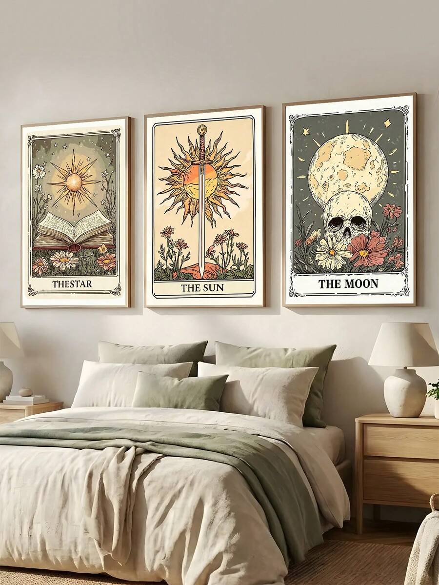 Three-piece gothic botanical poster set above a neutral living room sofa