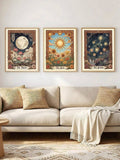Celestial floral tarot-inspired wall art set with sun moon stars and a skull