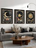 Large gothic sun moon and floral wall art set in a modern living room