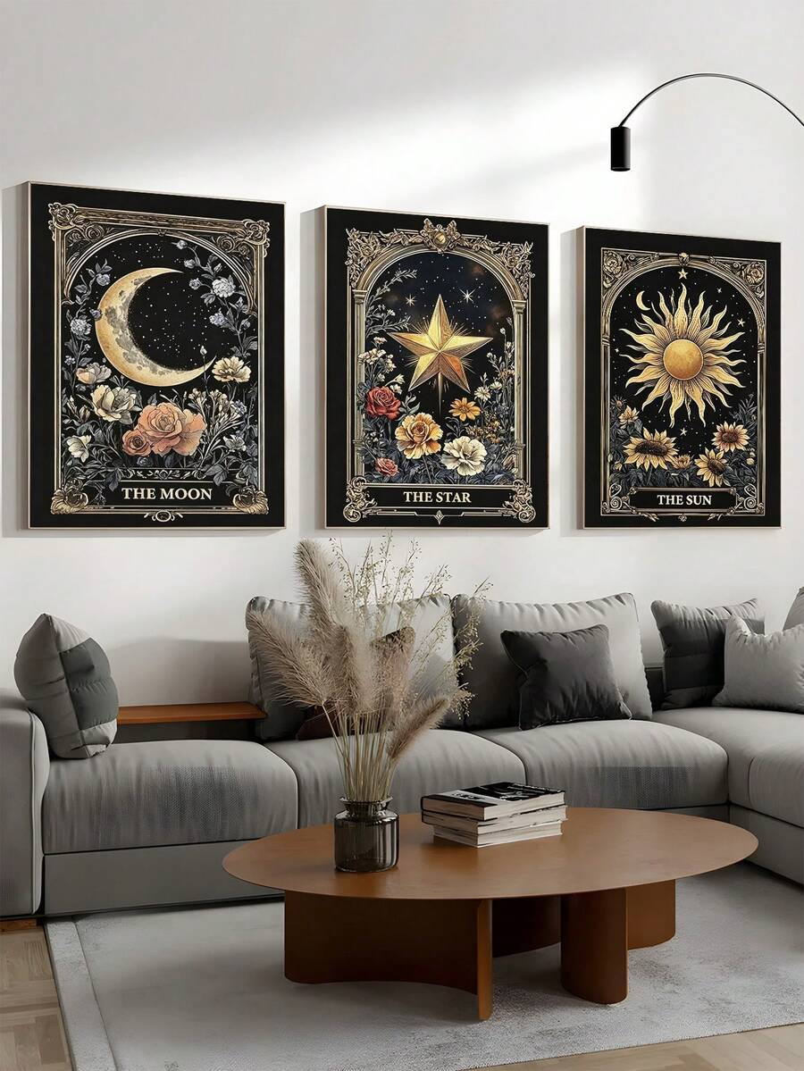 Large gothic sun moon and floral wall art set in a modern living room