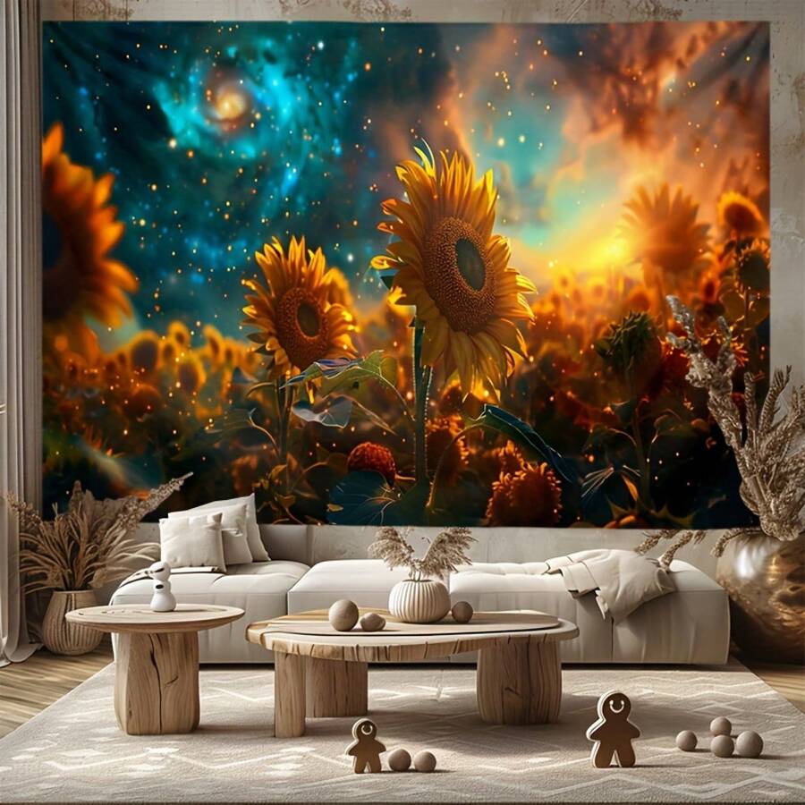 Colorful sunflower tapestry with glowing sunset stars and cosmic teal sky